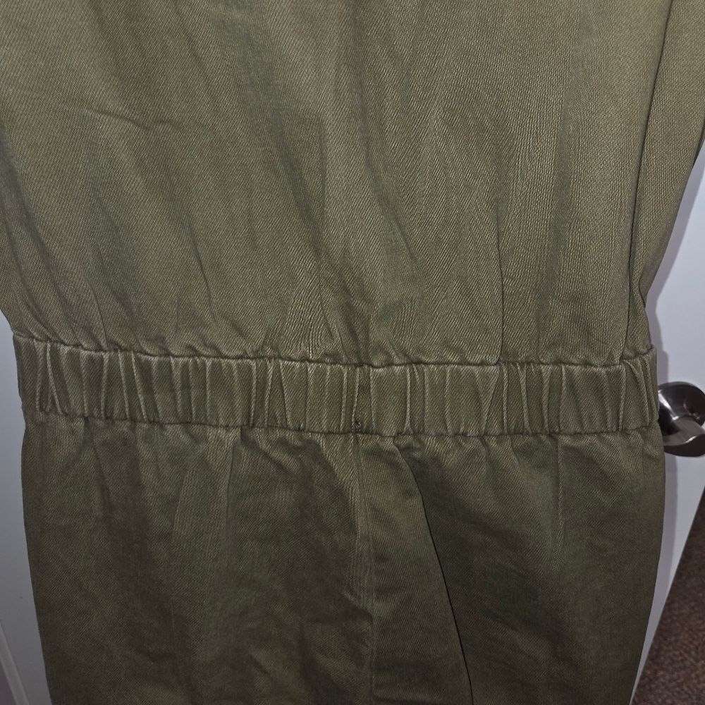 Haute Monde Anthro Denim Olive Green Utility Coveralls Jumpsuit Size Large - Picture 9 of 12